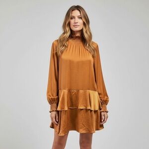 🌻GLAM Satin Mini Dress Bronze Orange Mock Neck Long Sleeve Ruffle Hem Size S